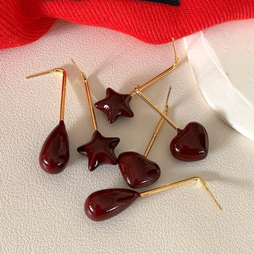 DAIIIBABYYY  -  Red oil drop earrings niche retro high-end temperament long burgundy earrings